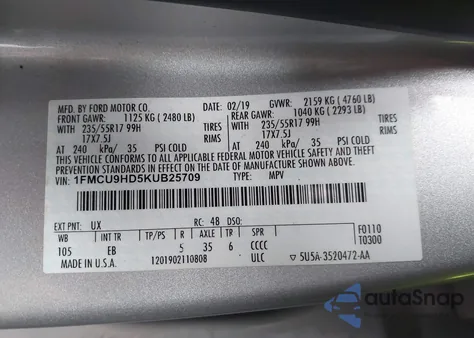 2019 Ford Escape Sel из США, поврежденный, VIN 1FMCU9HD5KUB25709